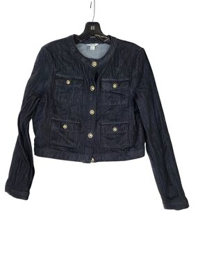 RW&Co. Womens Dark Wash Denim Button-Front Collarless Jacket